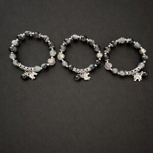 Boho Elephant Charm Beaded Stretch Bracelet Set Gray Black Silver Tone